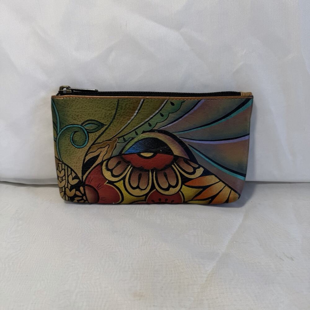 Anuschka Handpainted Leather Coin Storage Pouch Clear Back Abstract Artsy Boho